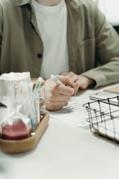 Adult male in a workspace jotting down ideas with a pen on paper, focusing on planning and organization.