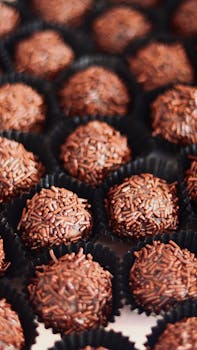 Close-up of chocolate brigadeiros with sprinkles in black cup liners. Sweet indulgence captured.