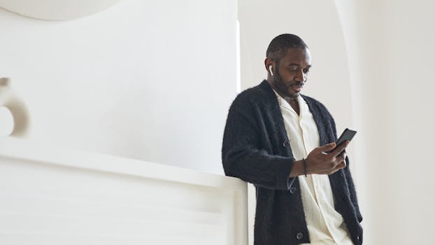 African American man leaning indoors using smartphone and earbuds, fashionably dressed.