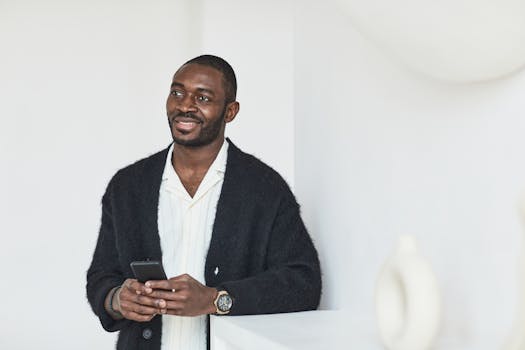 Portrait of a smiling man holding a smartphone indoors, wearing stylish attire in a minimalistic setting.