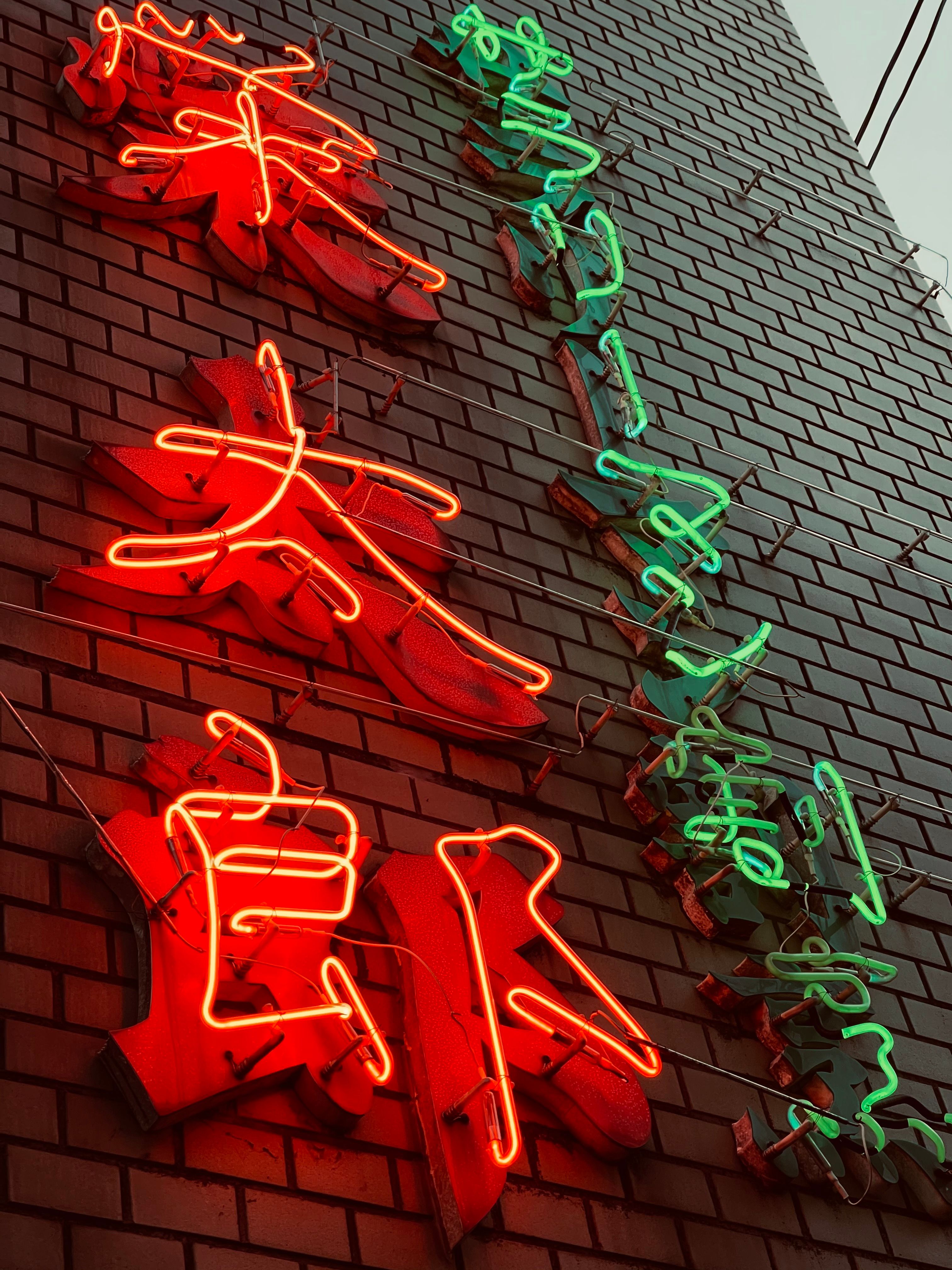 Vertical shot of red and green neon signs on a brick wall, creating an urban vibe.
