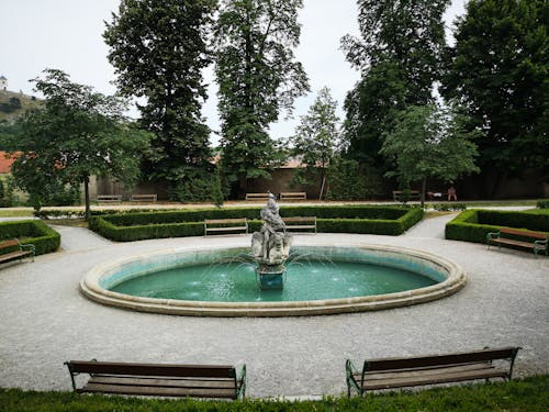 Round Outdoor Fountain Surrounded by Green Trees