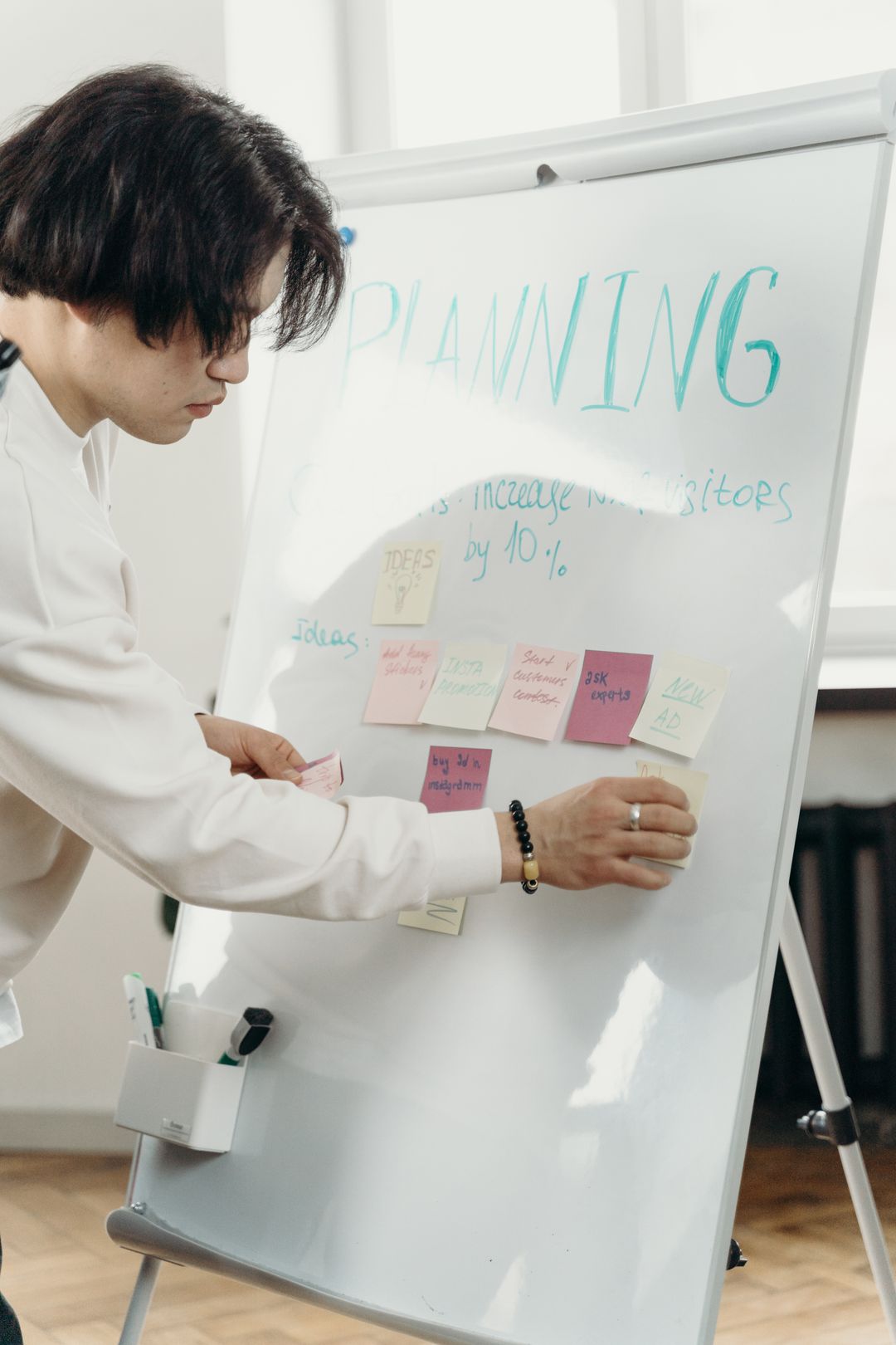 Person planning a project on a whiteboard covered in sticky notes
