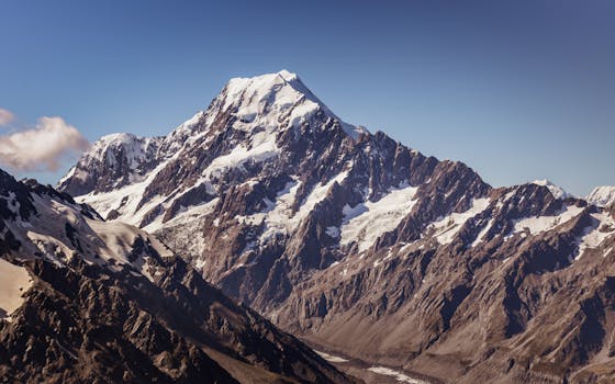 A breathtaking view of the snow-capped Aoraki Mount Cook in the Southern Alps of New Zealand.