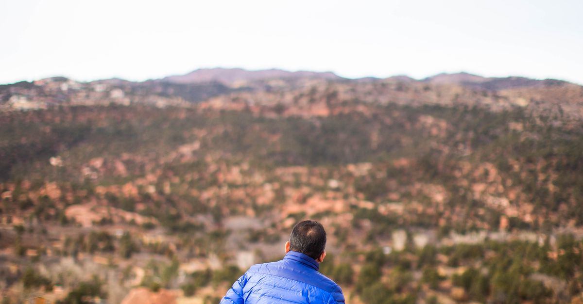 Unrecognizable father with son contemplating mountains with trees ...