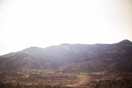 Scenic view of majestic mounts with trees growing on dry terrain under light sky in daytime