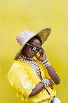 Fashionable portrait of a stylish adult posing confidently in yellow attire and accessories against a vibrant yellow backdrop.