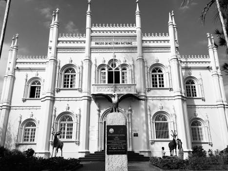 A black and white image of the iconic Museu de Historia Natural in Maputo, Mozambique.