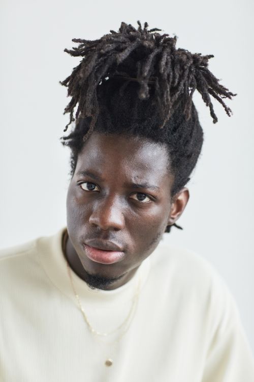 Free A close-up portrait of an African American man with dreadlocks and a neutral expression on a white background. Stock Photo