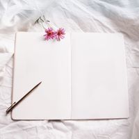 Open blank notebook with a pen and cosmos flowers — photo by Elisabeth Ende on Pexels