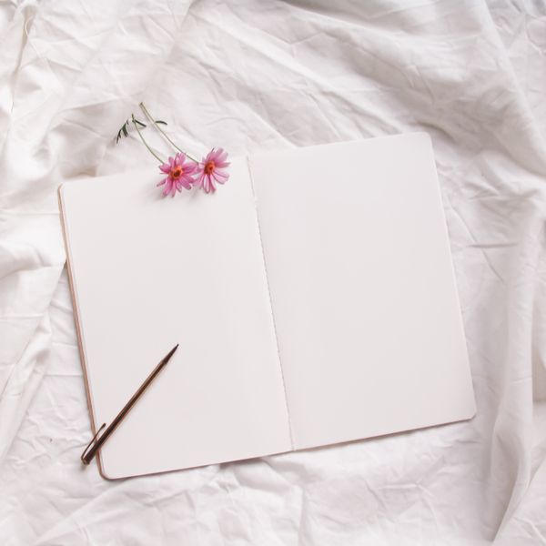 Open blank notebook with flowers on soft cloth by Elisabeth Ende on Pexels