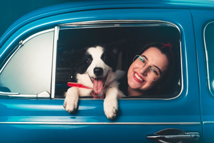 A Woman And Dog In The Car 