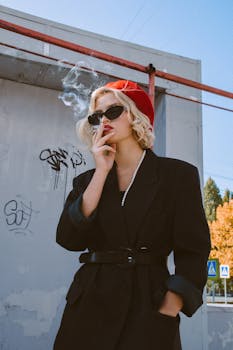 Fashionable young woman with cigarette and sunglasses in urban setting.