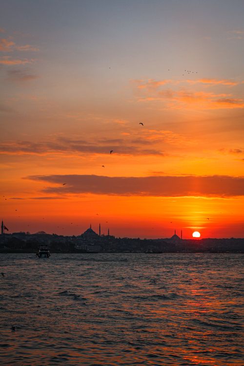 Free Stunning sunset casting orange hues over Istanbul's skyline, featuring silhouettes of mosques and birds. Stock Photo