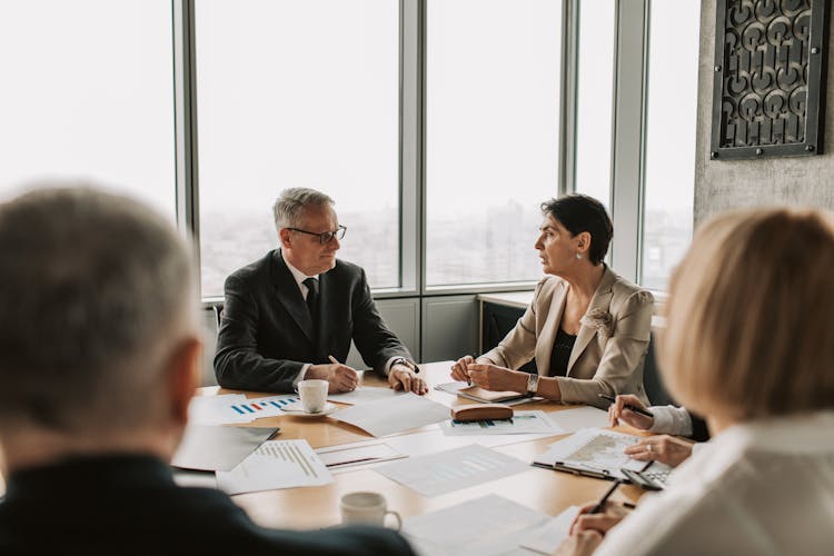 Elderly Man And Woman Discussing Business In A Meeting