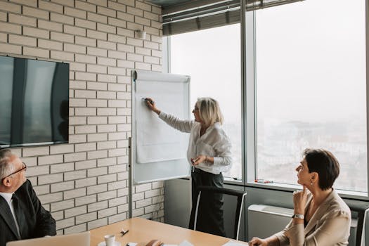 Corporate team working and brainstorming during a business meeting.