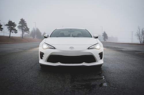 White modern automobile with glowing headlights on asphalt roadway with marking lines on street with tall trees in misty weather