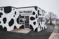 Store with creative cow pattern and signboard located on asphalt sidewalk on street with buildings and leafless trees in town