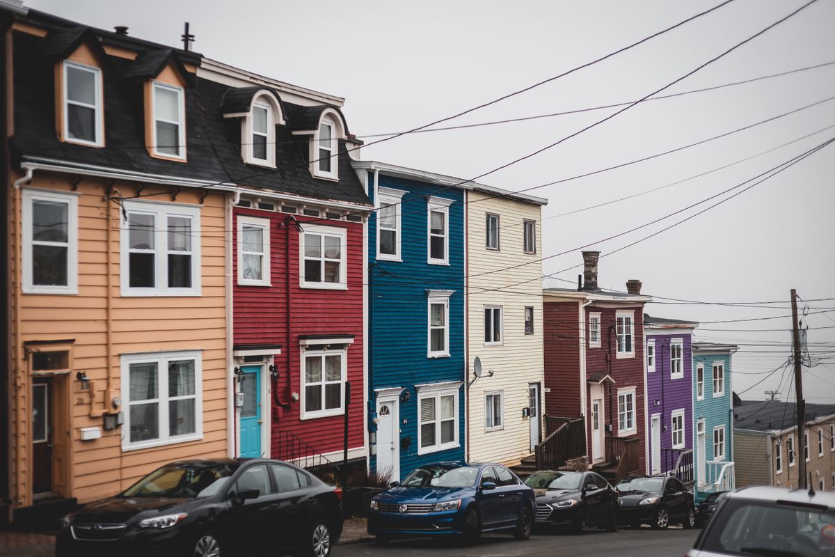 Colorful row houses lining an urban neighborhood street with mature trees and sidewalks