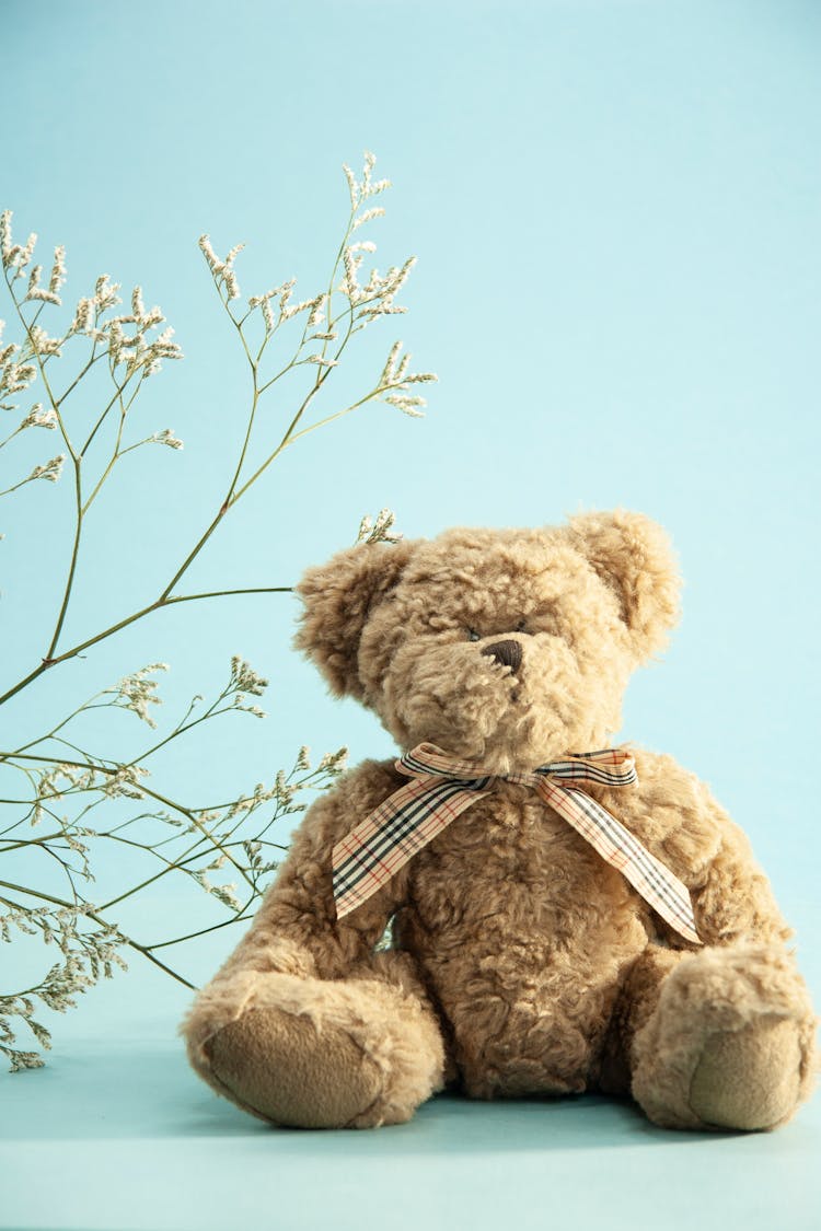 Plush Bear Placed Near Blooming Flowers