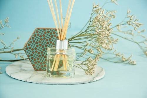 Composition of glass bottle with fluid aroma oil with reed sticks placed near Gypsophila branch and geometric decor on blue background