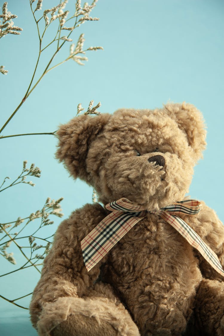 Plush Bear With Bow Near Flower Branch