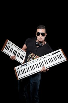 Musician posing with two keyboards, wearing sunglasses and headphones. Studio shoot.
