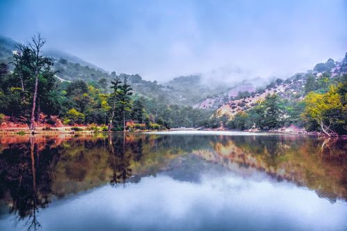 Free Misty mountain landscape with a serene lake reflection in Mazandaran Province, Iran. Stock Photo