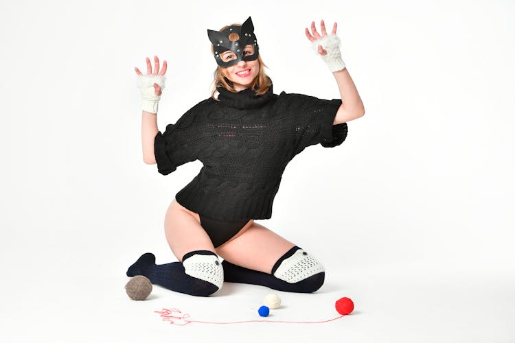 Cheerful Woman In Cat Mask