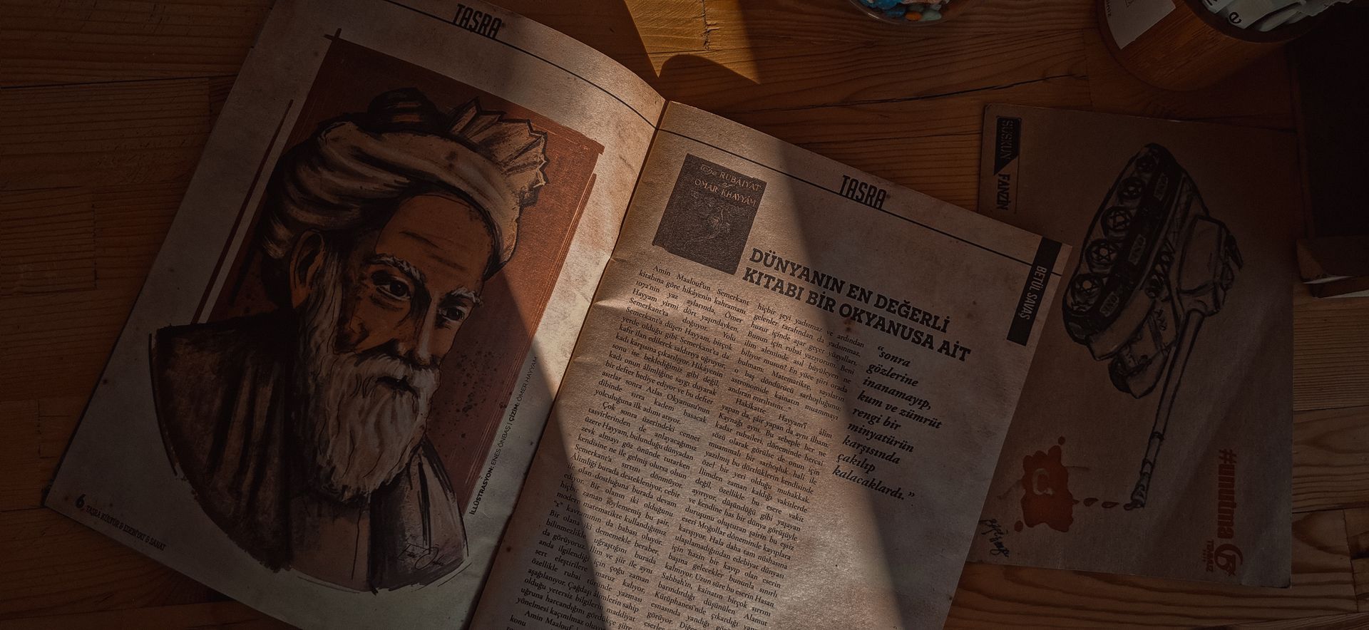 An artistic vintage newspaper displaying an illustration of an elderly writer, surrounded by text and shadow patterns.