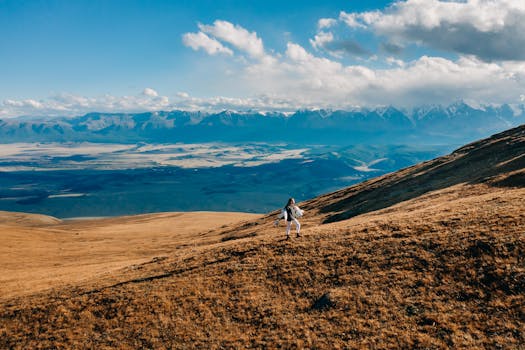 Person exploring the breathtaking Altai Mountains under a bright blue sky.