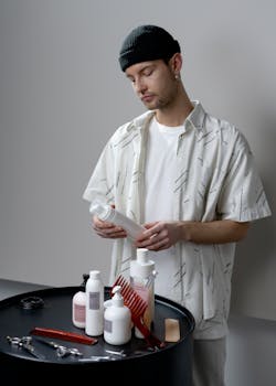 A man examines a cosmetic bottle in a sleek, minimalist environment with various grooming products.