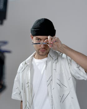 A stylish hairdresser wearing a beanie holding scissors in a modern salon setting.