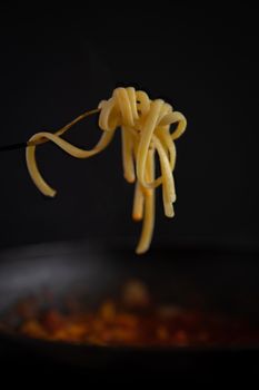 Enticing close-up of spaghetti on a fork against a dark background, highlighting Italian cuisine.
