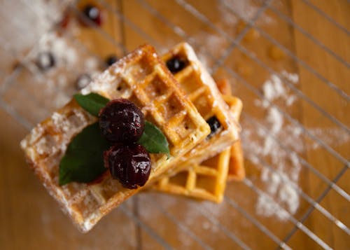 Overhead Shot of Waffles with Fruits