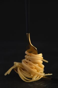 Elegant close-up of perfectly twirled spaghetti on a fork against a dark background.