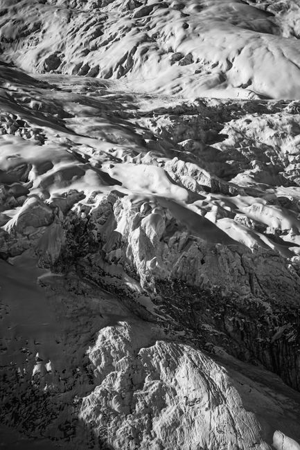 Monochrome view of a frosty alpine landscape in Saas Fee, Switzerland.