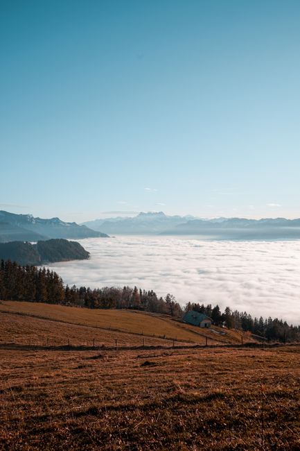 Stunning mountain view with a sea of clouds under a clear blue sky, capturing natural beauty.