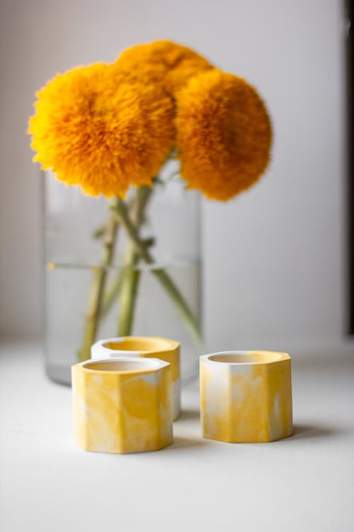 Bunch of vivid yellow craspedum flowers in vase