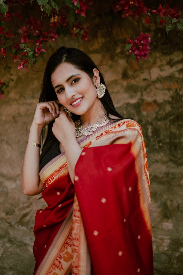 Stylish Ethnic Woman In Red Sari Clothes