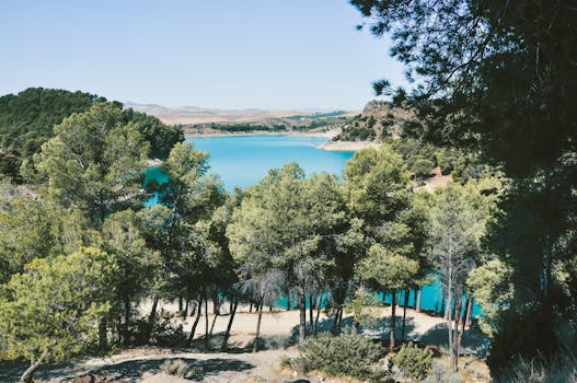 西班牙宁静的蓝色山湖被郁郁葱葱的绿色植物环绕，景色令人惊叹