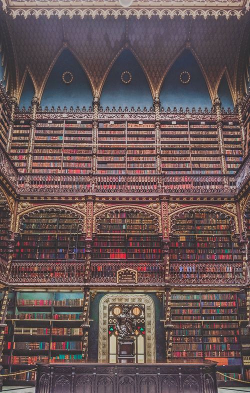 Free Fragment of interior of reading room in Royal Portuguese Cabinet of Reading with bookcases and ornamental elements in Neo Manueliene style located in Rio de Janeiro in Brazil Stock Photo