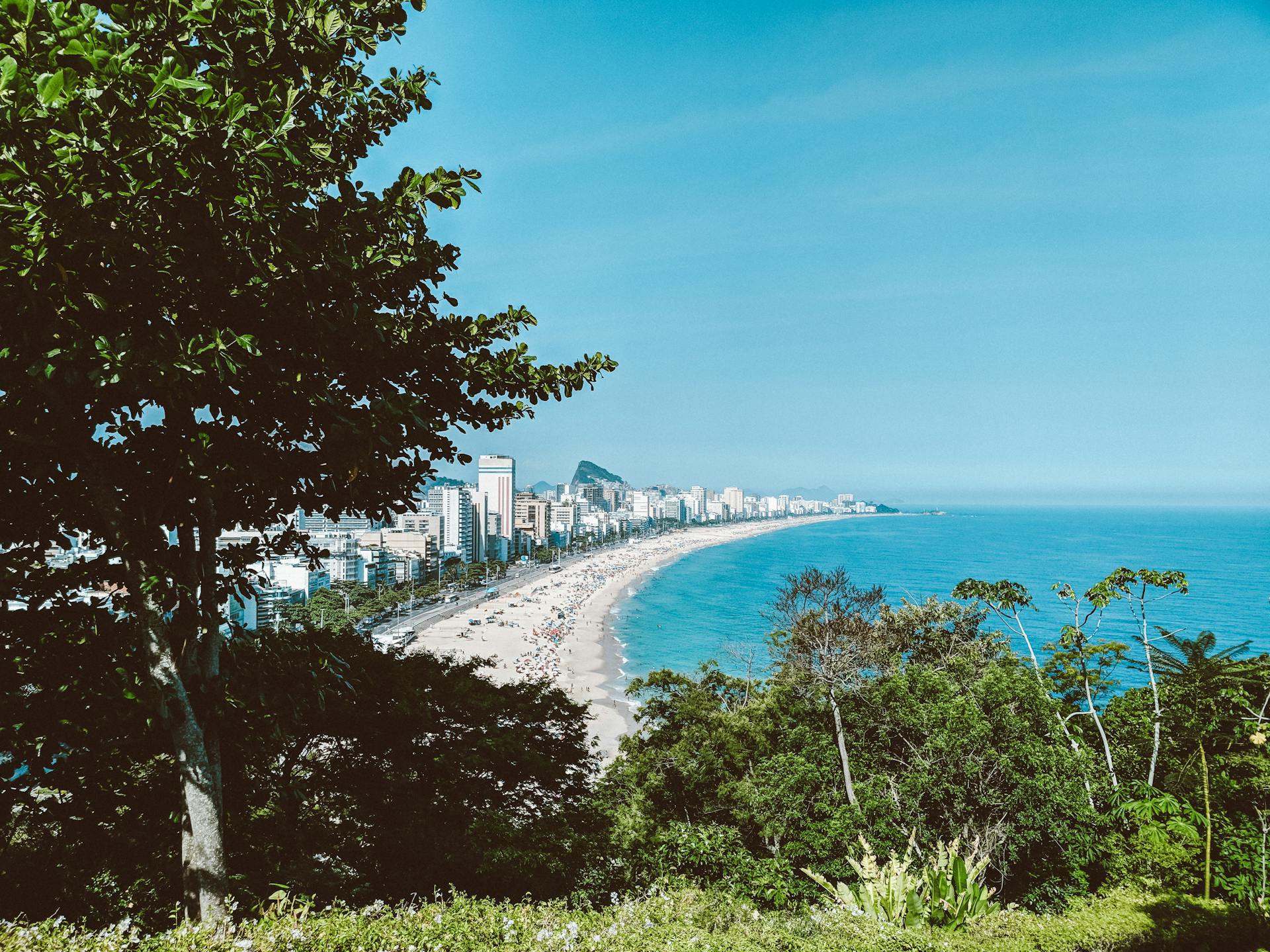 Picturesque cityscape of Rio de Janeiro city with modern buildings located along coastline with sandy beach and green plants near calm blue Atlantic ocean in sunny day
