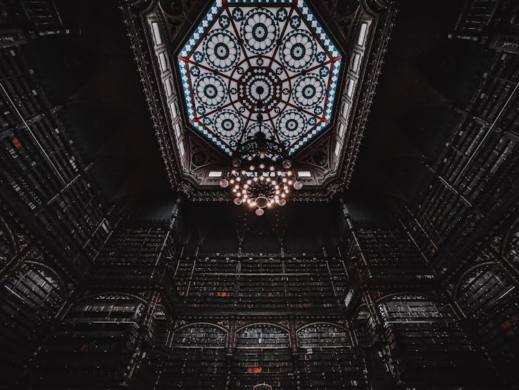 Royal Portuguese Cabinet Of Reading With Chandelier On Ornamental Ceiling