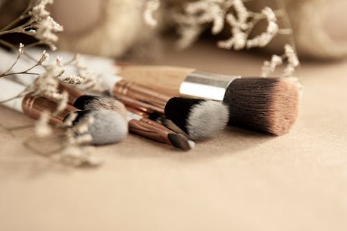 Free Different makeup brushes and dried flowers Stock Photo