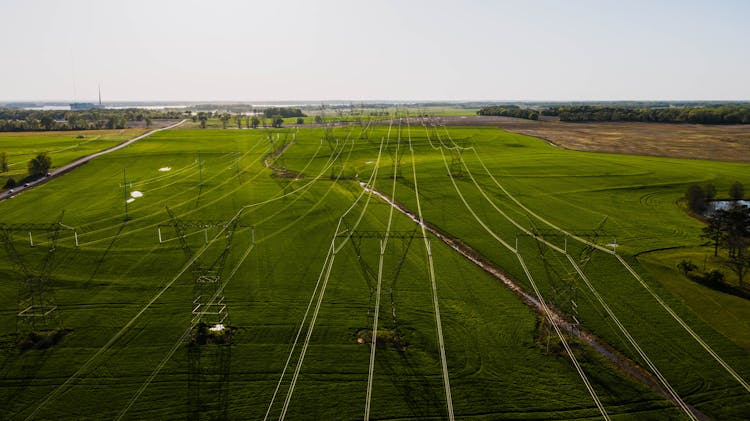 Vast Green Field With Electric Power Lines