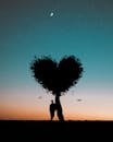 黄昏的天空下，一个人在心形树下的剪影
