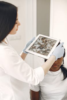 Healthcare professional examining patient's skin using tablet for detailed analysis.