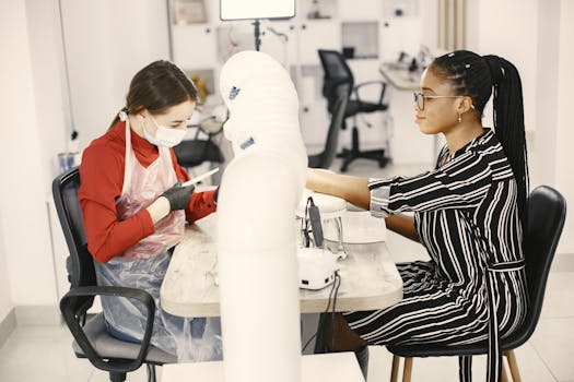 A nail technician provides a manicure to a client in a stylish, modern nail salon.