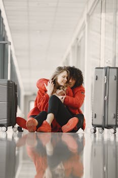 Couple embracing while sitting on airport floor with luggage, expressing travel emotions.
